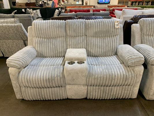 Light Gray Plush Reclining Console Loveseat