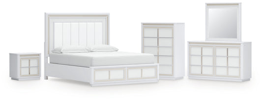Chalanna California King Upholstered Storage Bed with Mirrored Dresser, Chest and Nightstand