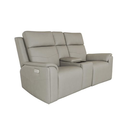 Vernon Dove Grey Fabric Power Reclining Loveseat with Console, Power Headrests, Lumbar, Heat & Massage