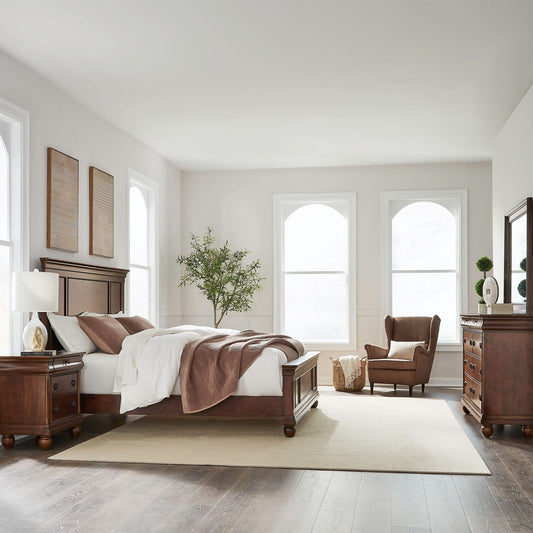 King Panel Bed, Dresser & Mirror, Night Stand