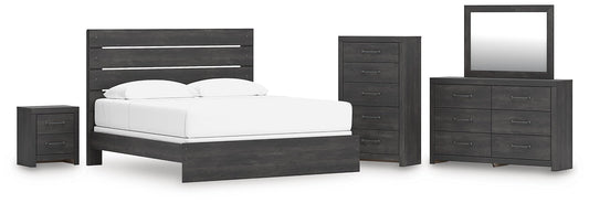 Delmorta King Panel Bed, Dresser, Mirror, Chest and Nightstand