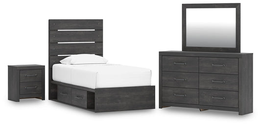 Delmorta Twin Panel Storage Bed, Dresser, Mirror and Nightstand