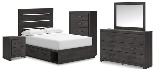 Delmorta Full Panel Bed with Storage, Dresser, Mirror, Chest and Nightstand