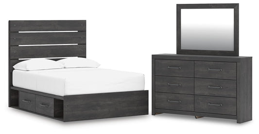 Delmorta Full Panel Bed with Storage, Dresser and Mirror