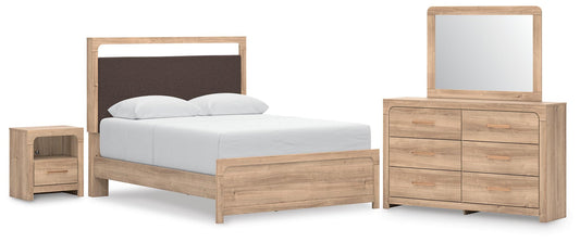 Hollymount Queen Upholstered Platform Bed, Dresser, Mirror and Nightstand