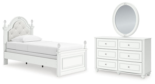 Maylilly Twin Upholstered Panel Bed, Dresser and Mirror