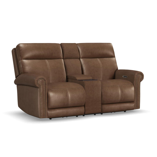 Alexander Tawny Leather Power Reclining Loveseat with Console, Power Headrest & Lumbar