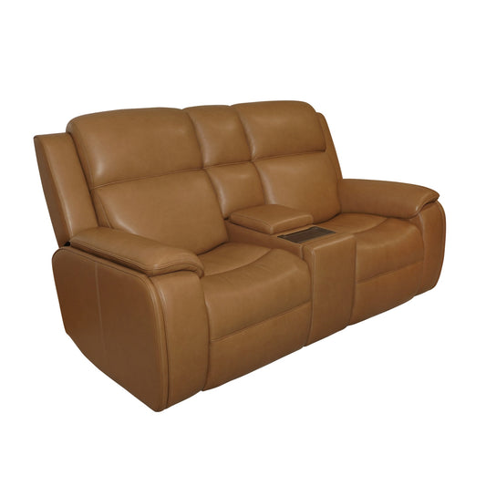 Ziggy Camel Leather Power Reclining Loveseat with Console, Power Headrest, Lumbar, Heat & Massage