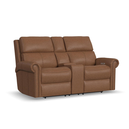Bernard Leather Power Reclining Loveseat with Console, Power Headrests & Lumbar