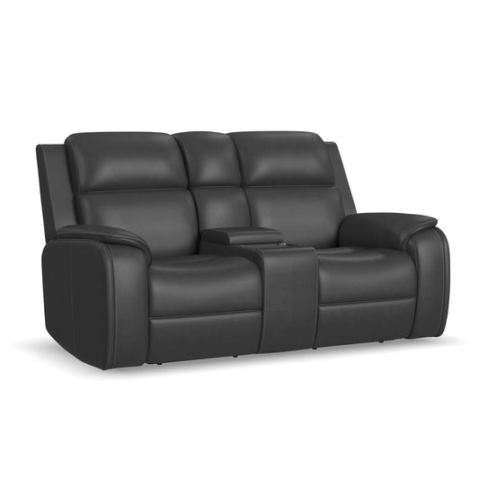 Ziggy Iron Leather Power Reclining Loveseat with Console, Power Headrest, Lumbar, Heat & Massage