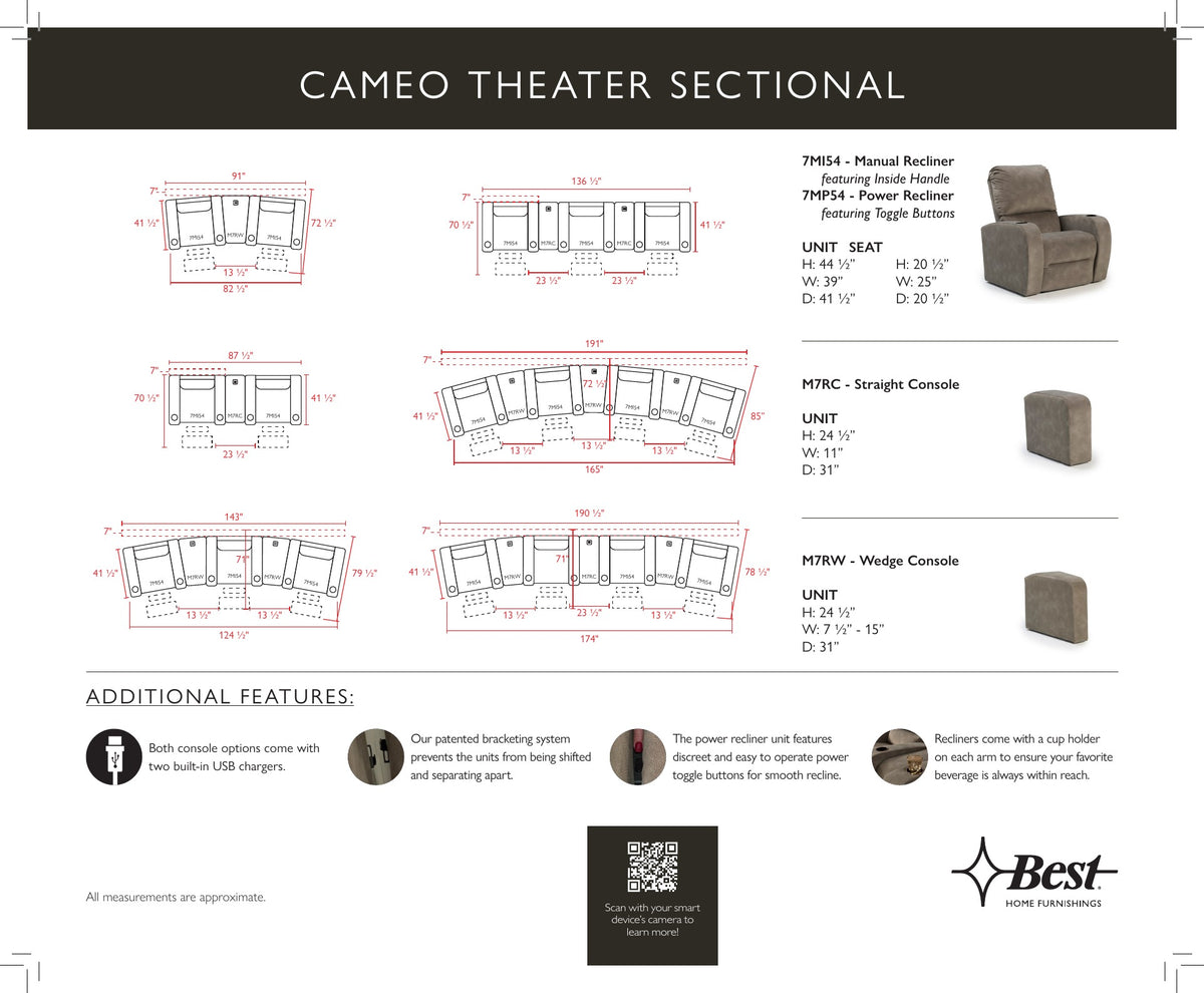 Best Home Cameo sectional piece diagram with measurements