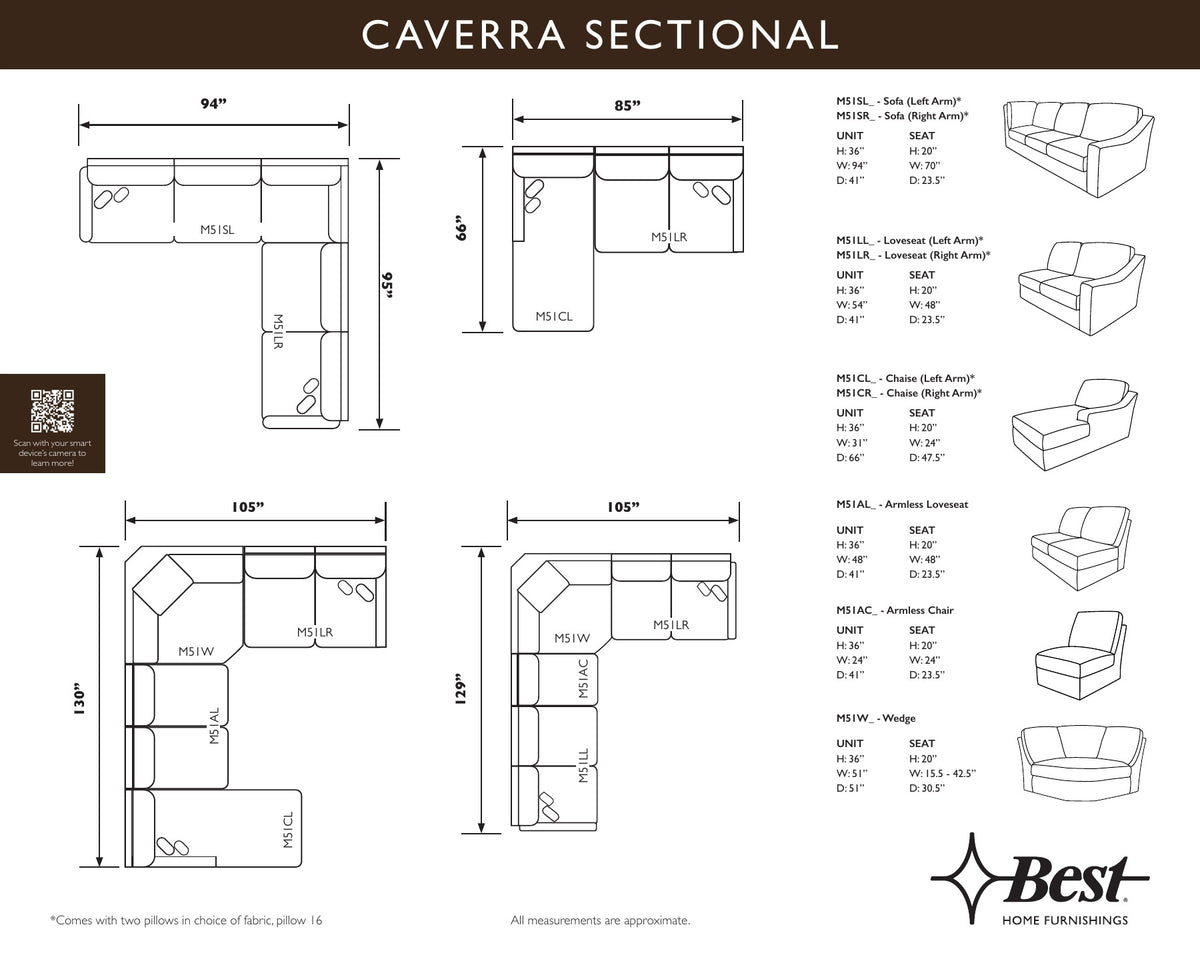 Best Home Caverra sectional piece diagram with measurements