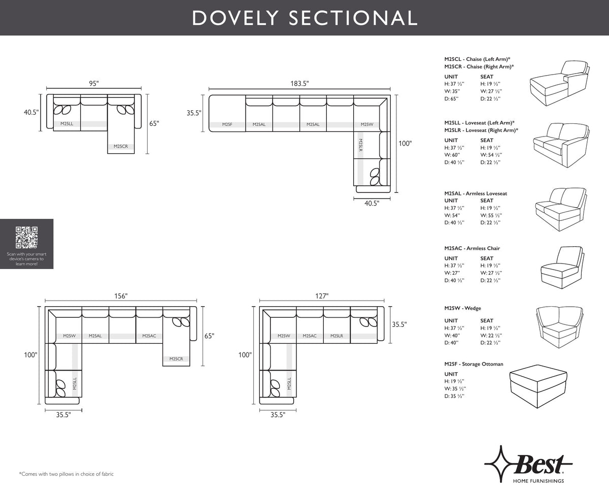 Best Home Dovely sectional piece diagram with measurements