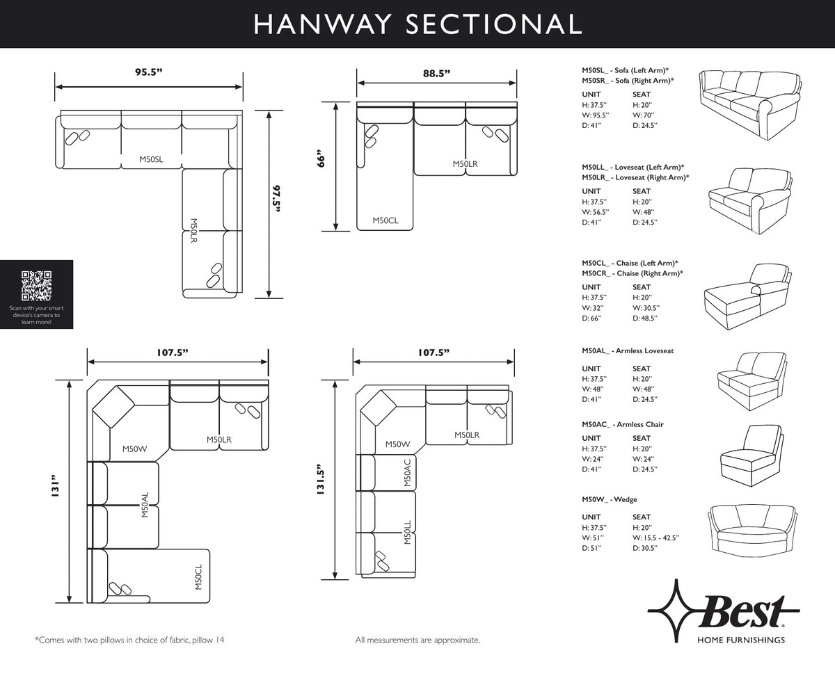 Best Home Hanway sectional piece diagram with measurements