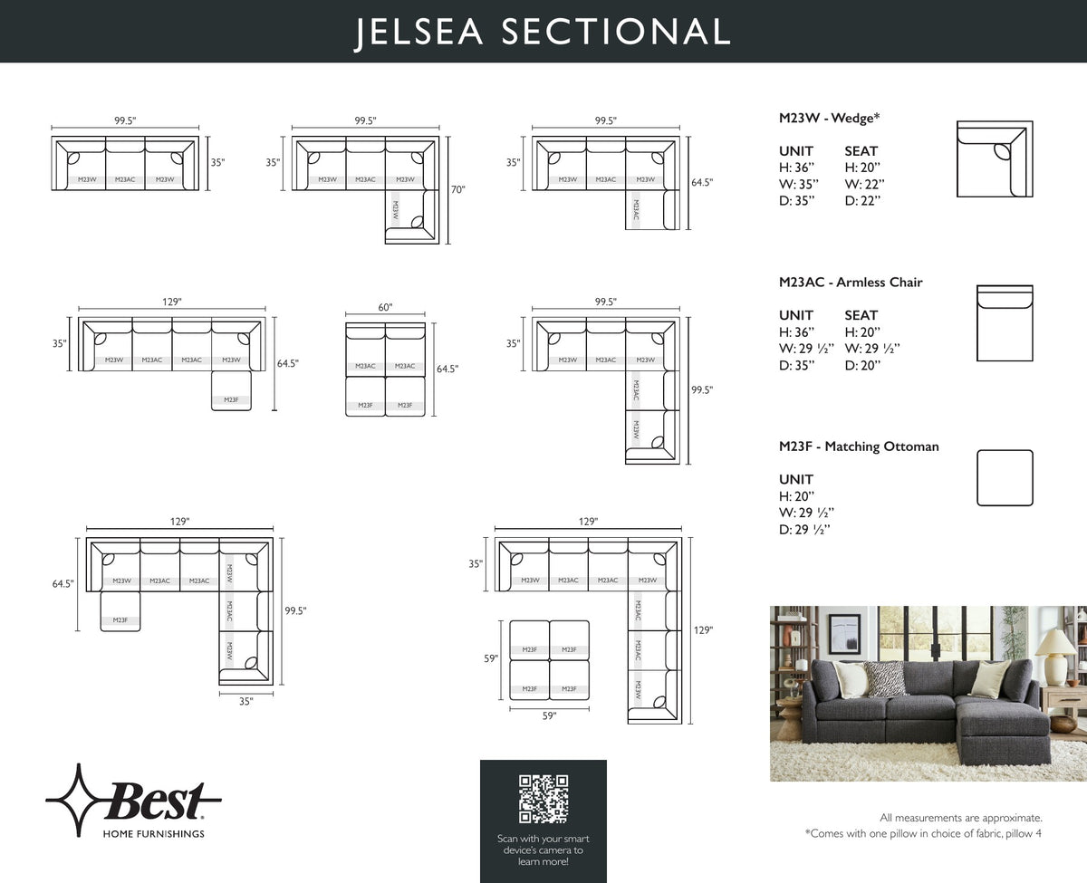 Best Home Jelsea sectional piece diagram with measurements