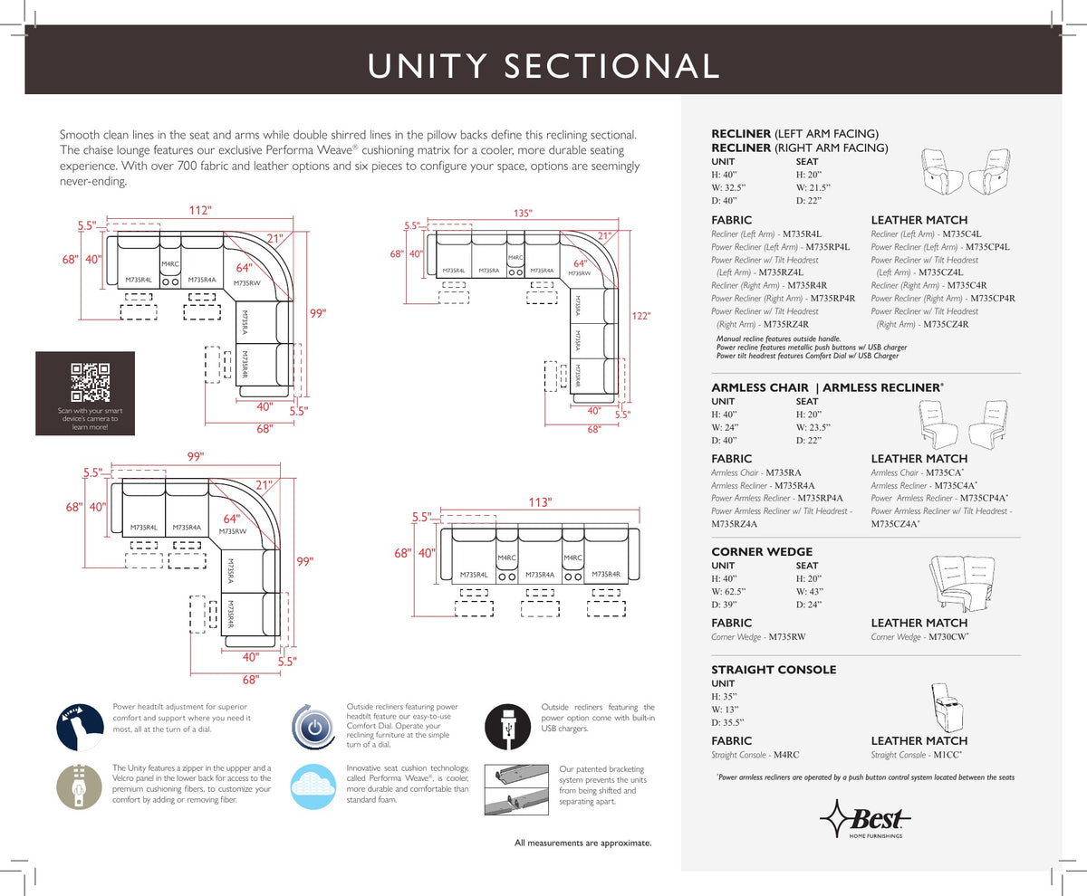 Best Home Unity sectional piece diagram with measurements