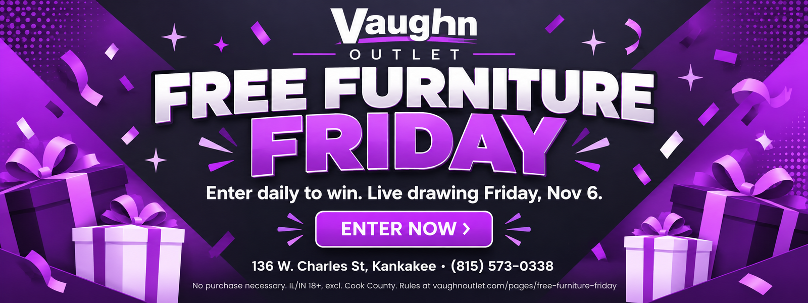 Free Furniture Friday — enter daily to win. Live drawing Friday, Nov 6.
