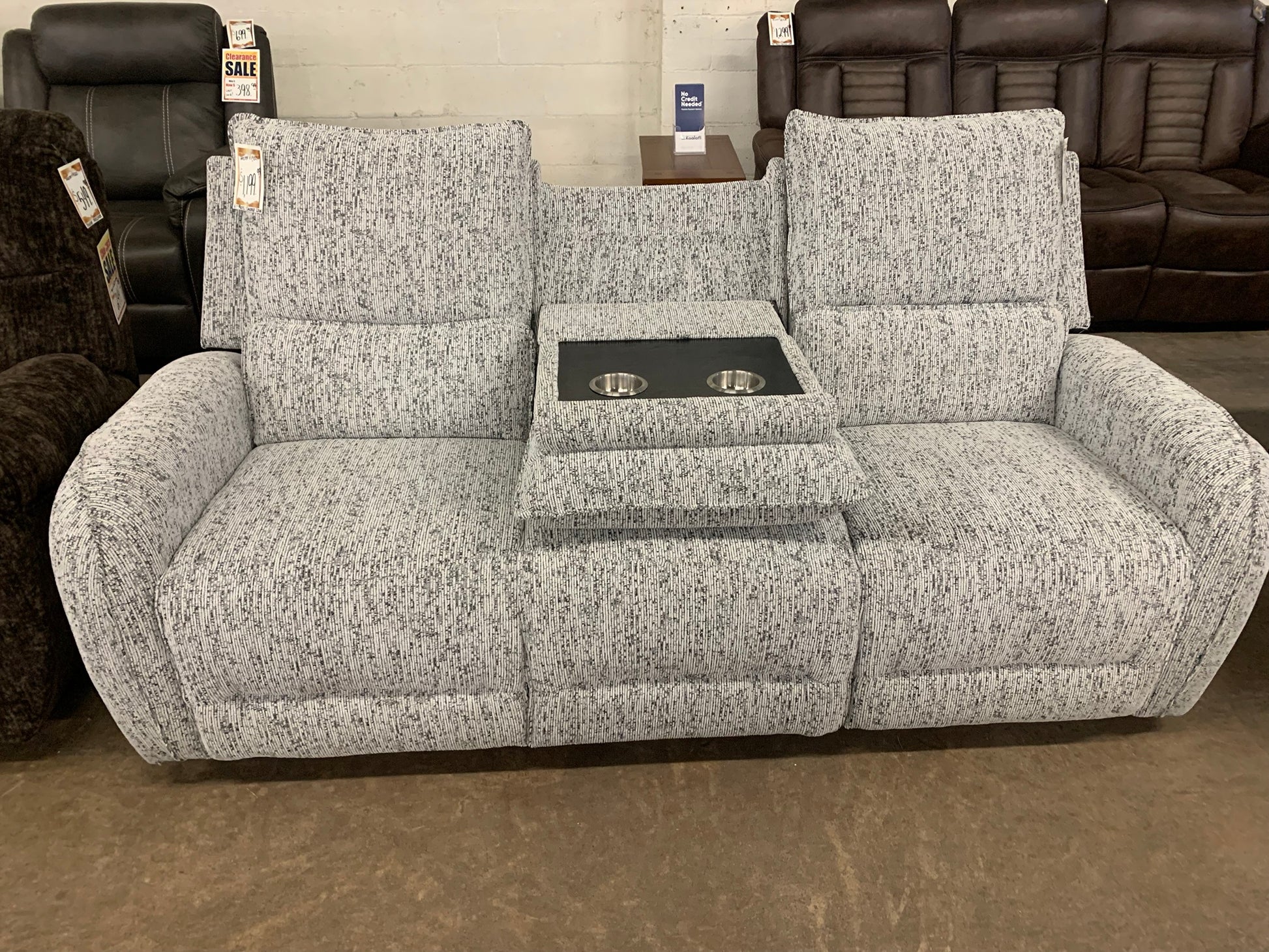 Salt-and-Pepper Reclining Loveseat with Drop-Down Console