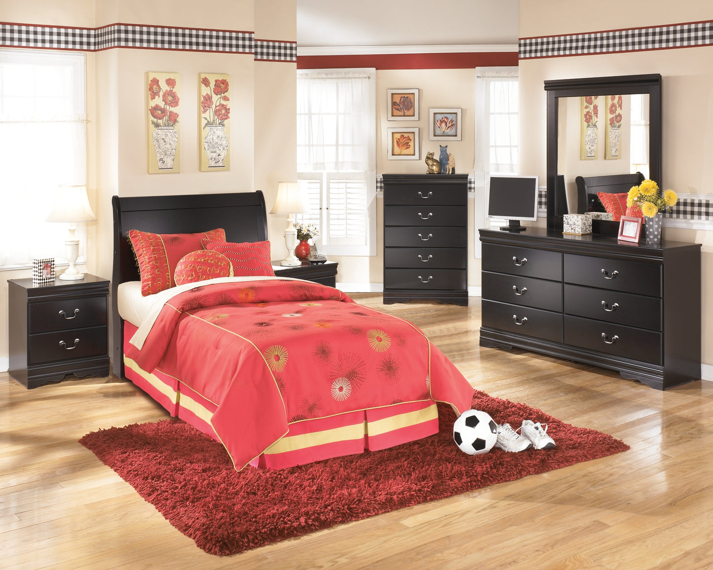 Huey Vineyard Twin Sleigh Headboard Bed with Mirrored Dresser, Chest and Nightstand