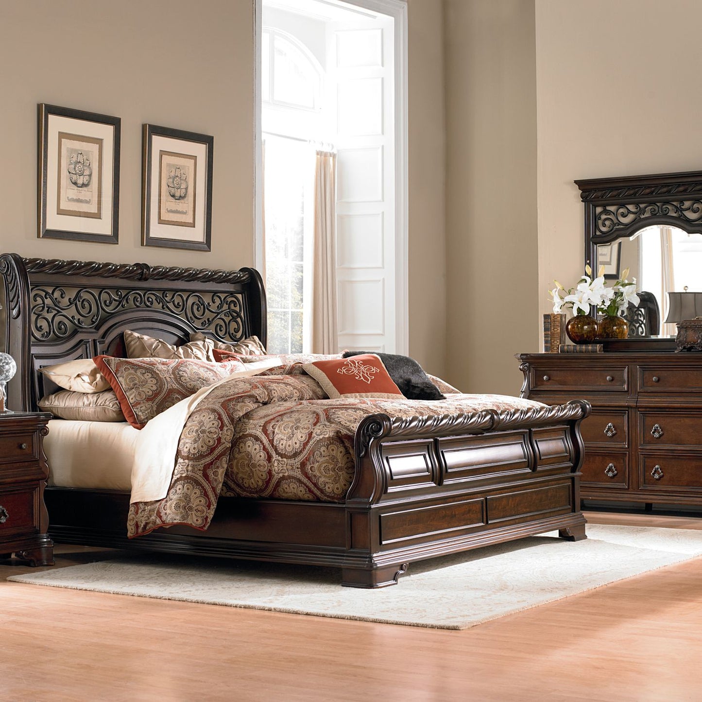 Queen Sleigh Bed, Dresser & Mirror