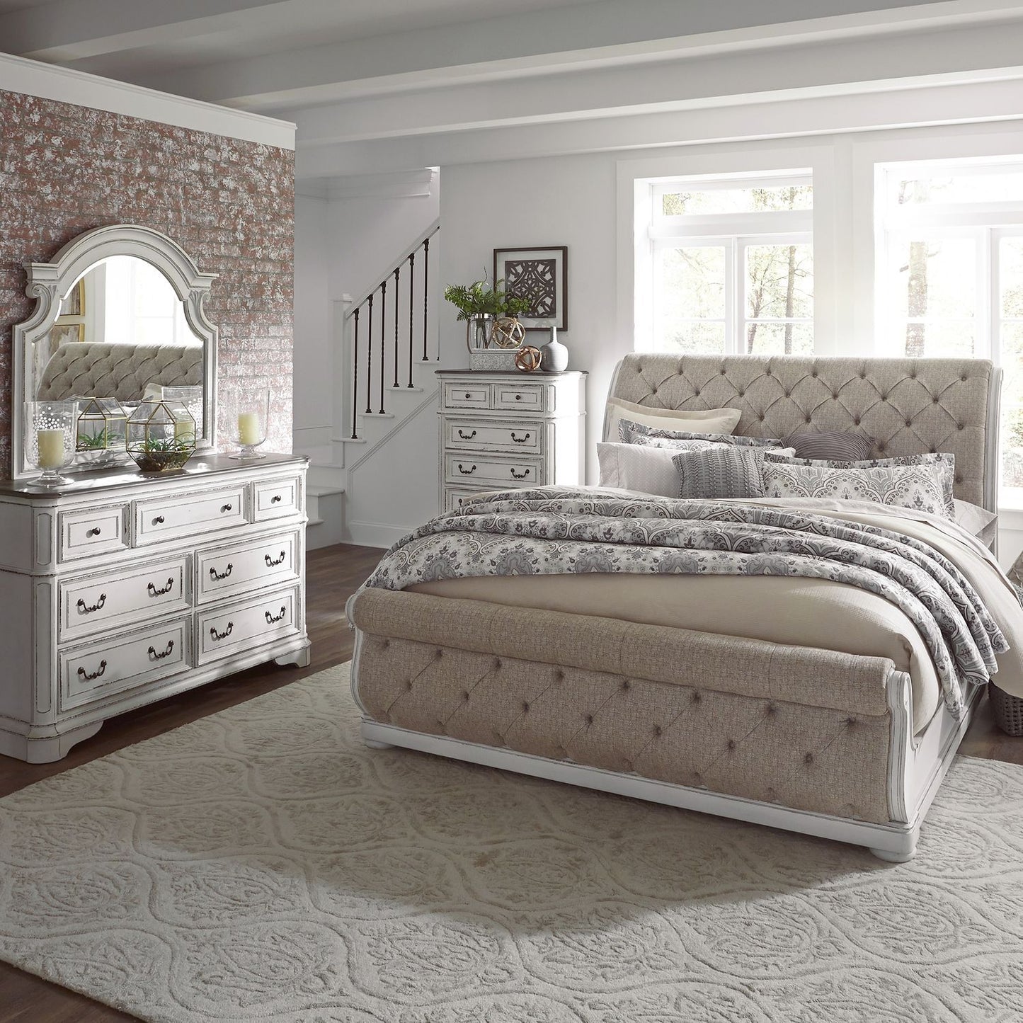 King Uph Sleigh Bed, Dresser & Mirror, Chest