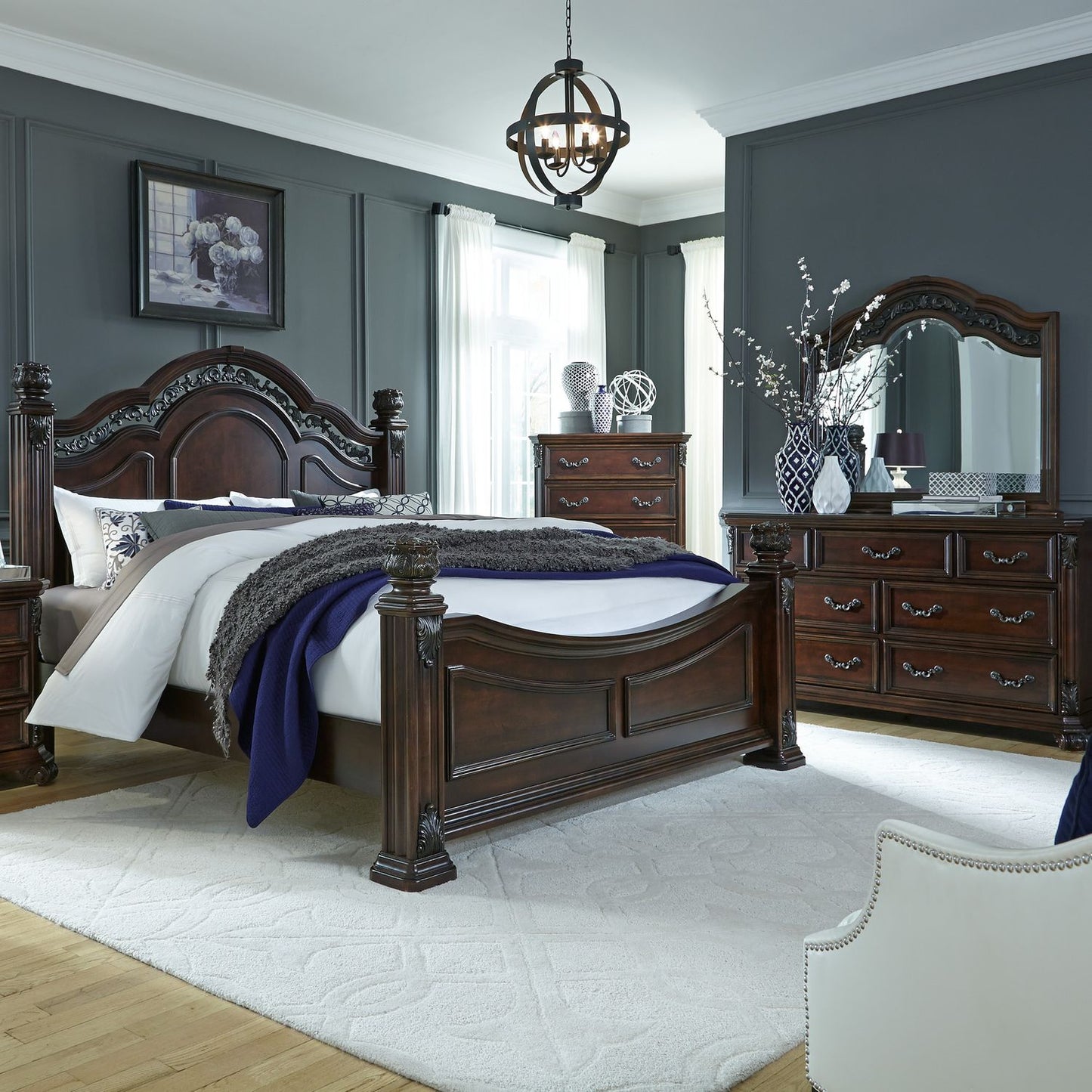 King Poster Bed, Dresser & Mirror, Chest