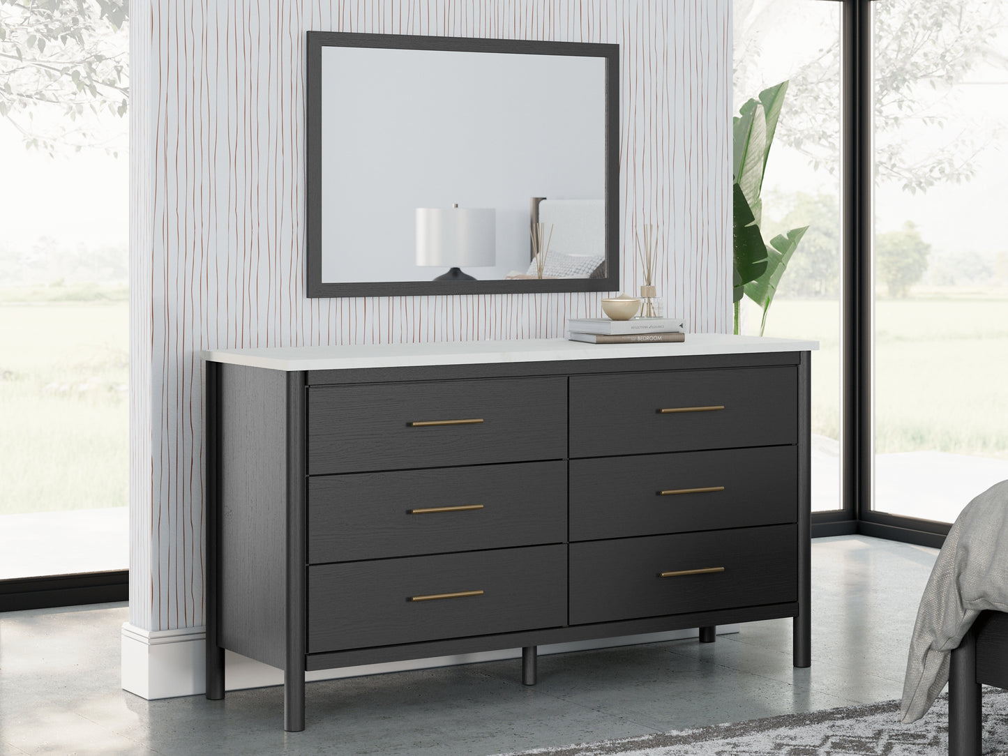Cadmori King Upholstered Panel Bed with Mirrored Dresser and Nightstand