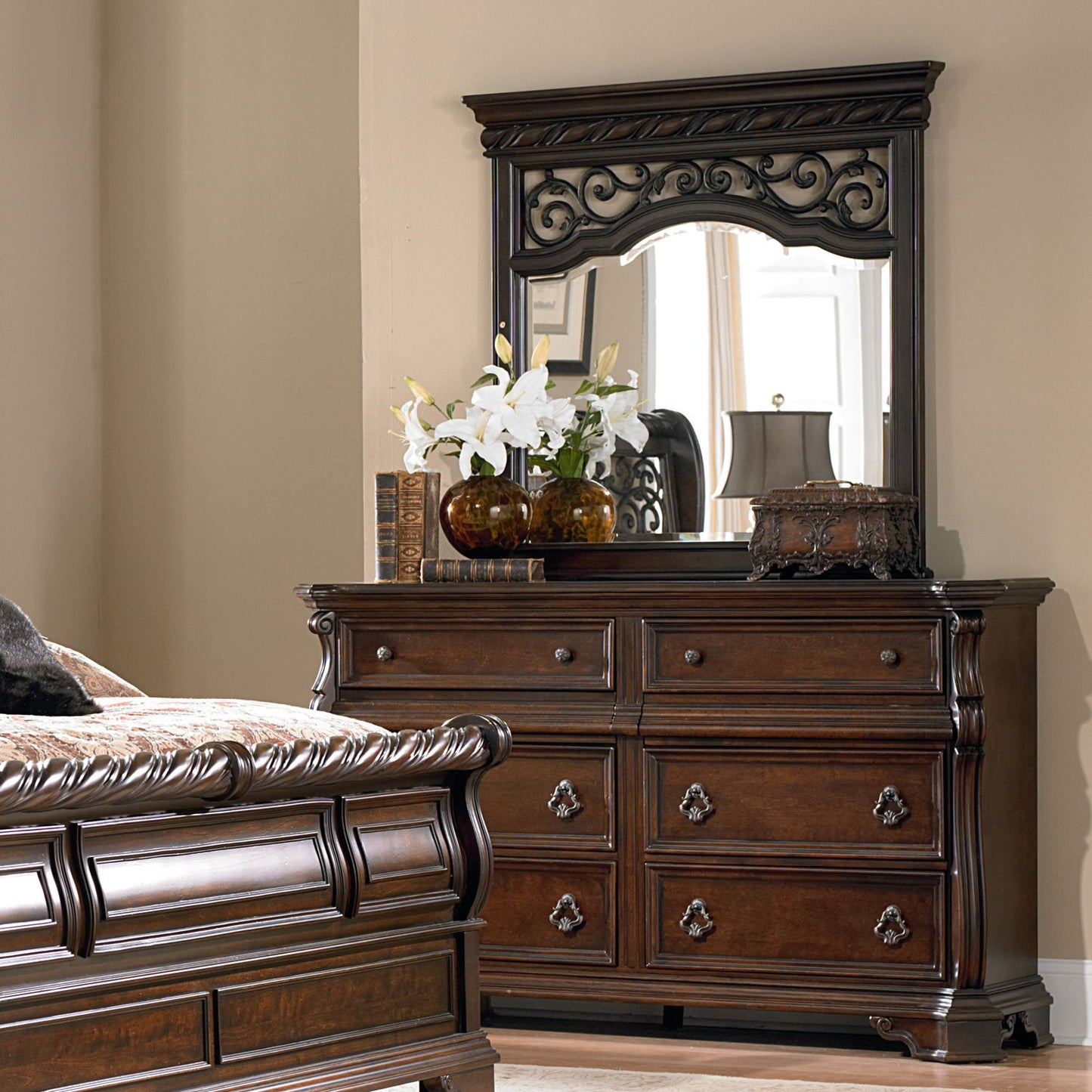Queen Sleigh Bed, Dresser & Mirror