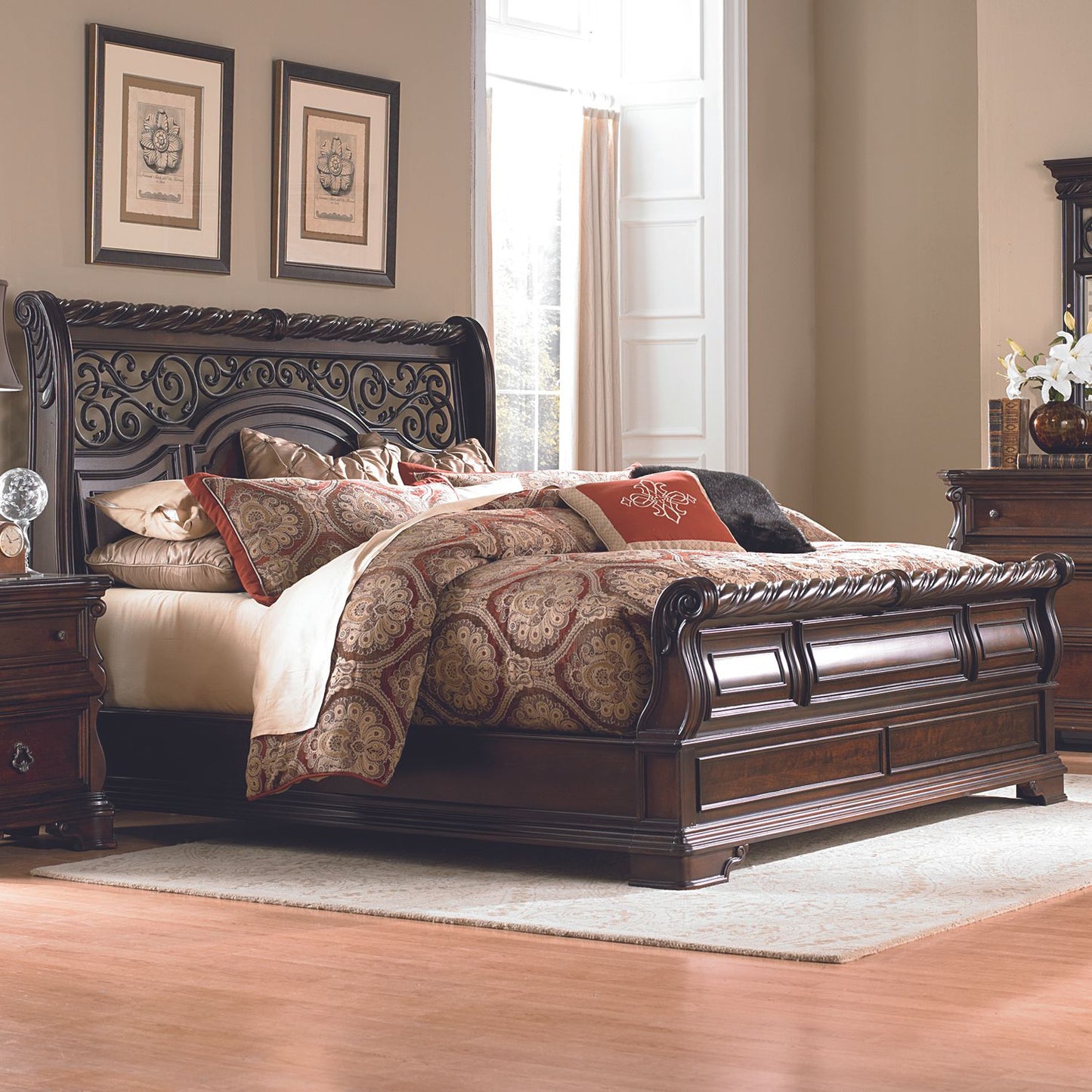 Queen Sleigh Bed, Dresser & Mirror