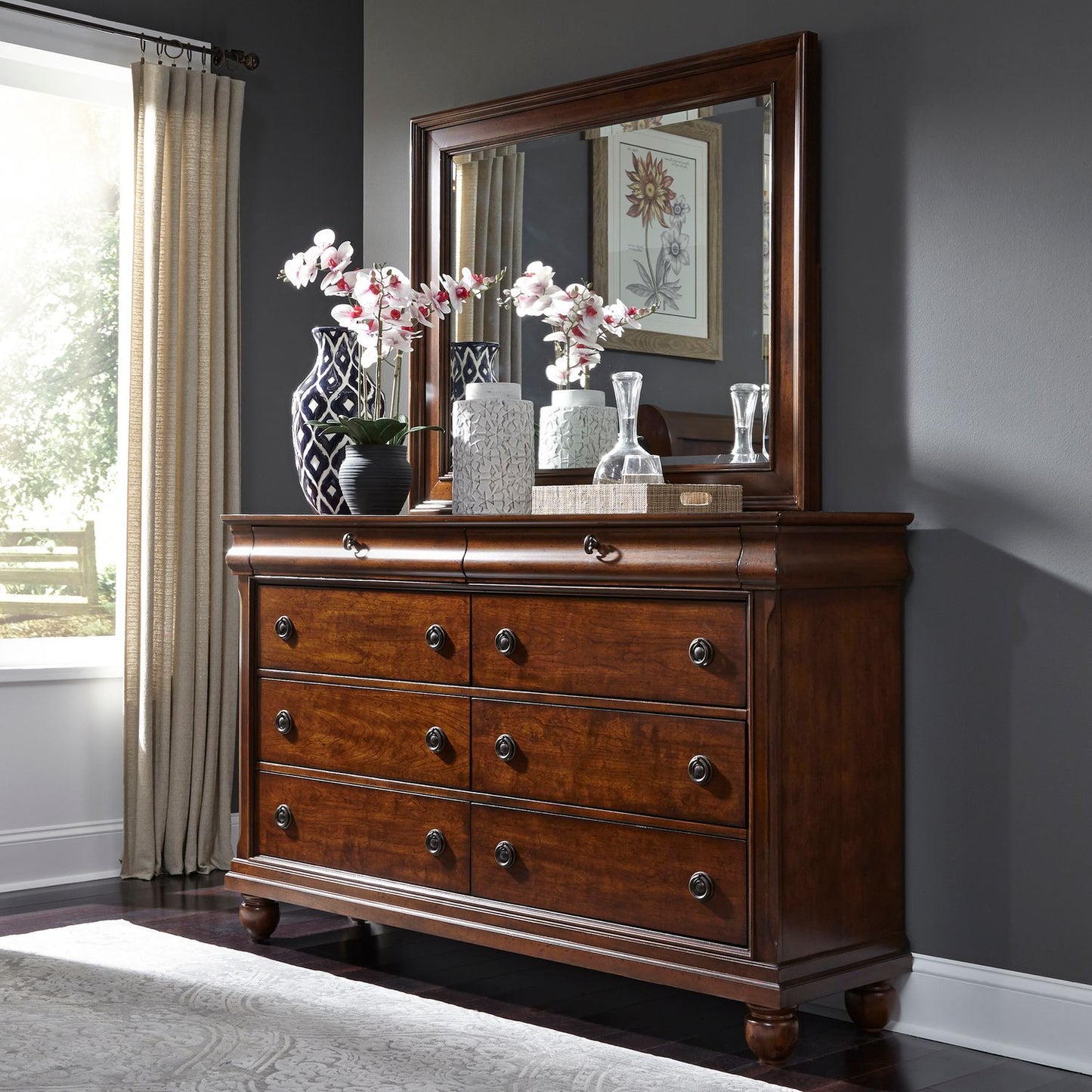 King California Sleigh Bed, Dresser & Mirror