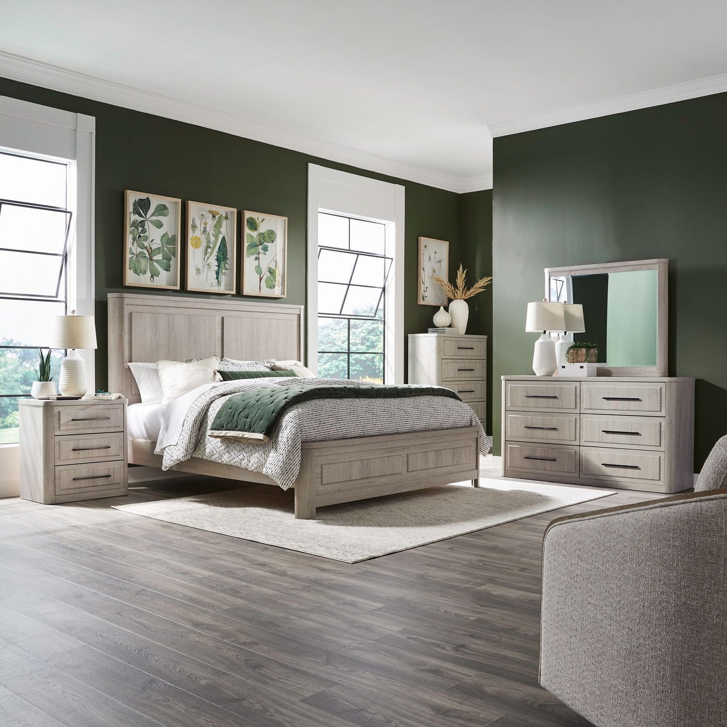 King Panel Bed, Dresser & Mirror, Chest, Night Stand