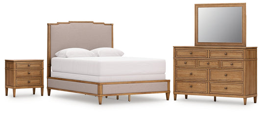 Sharlance Queen Upholstered Panel Bed with Mirrored Dresser and Nightstand