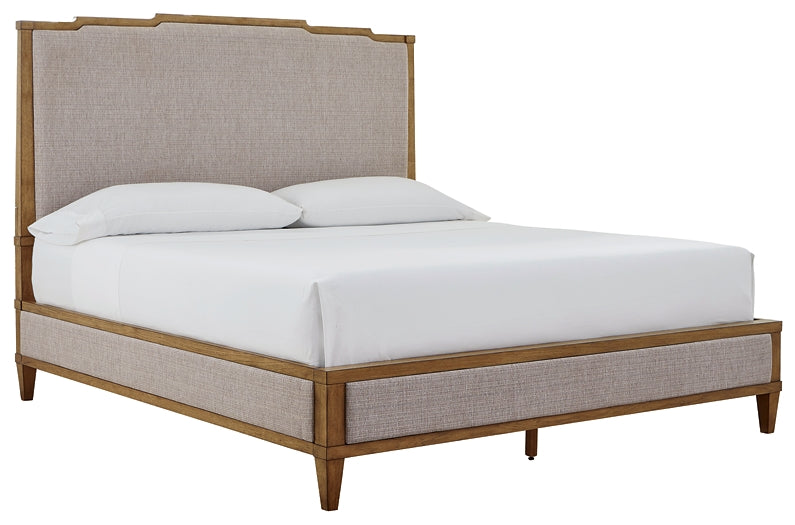 Sharlance King Upholstered Panel Bed with Mirrored Dresser