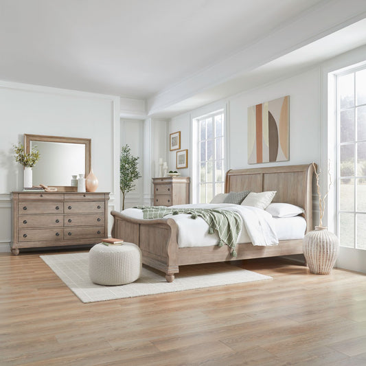King Sleigh Bed, Dresser & Mirror, Chest