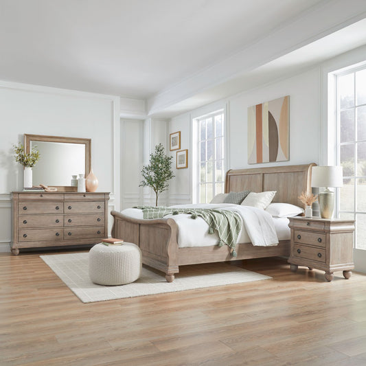 King California Sleigh Bed, Dresser & Mirror, Night Stand