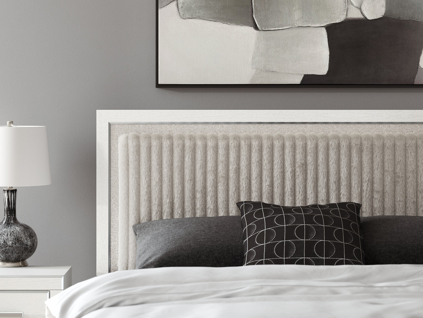 Zuraleus King Upholstered Panel Platform Storage Bed, Dresser and Mirror