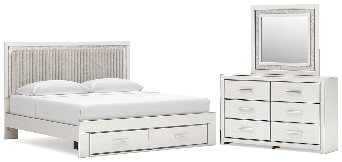 Zuraleus King Upholstered Panel Platform Storage Bed, Dresser and Mirror
