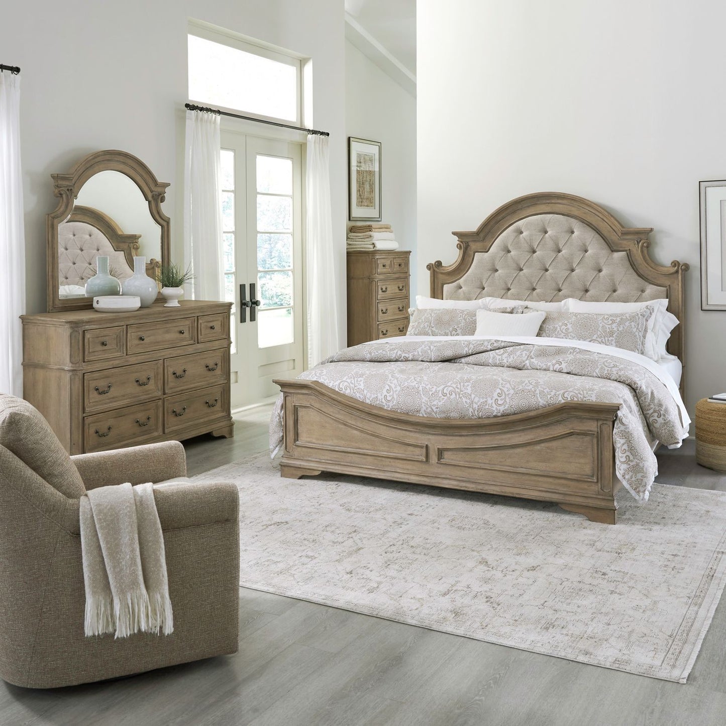 King Uph Bed, Dresser & Mirror, Chest