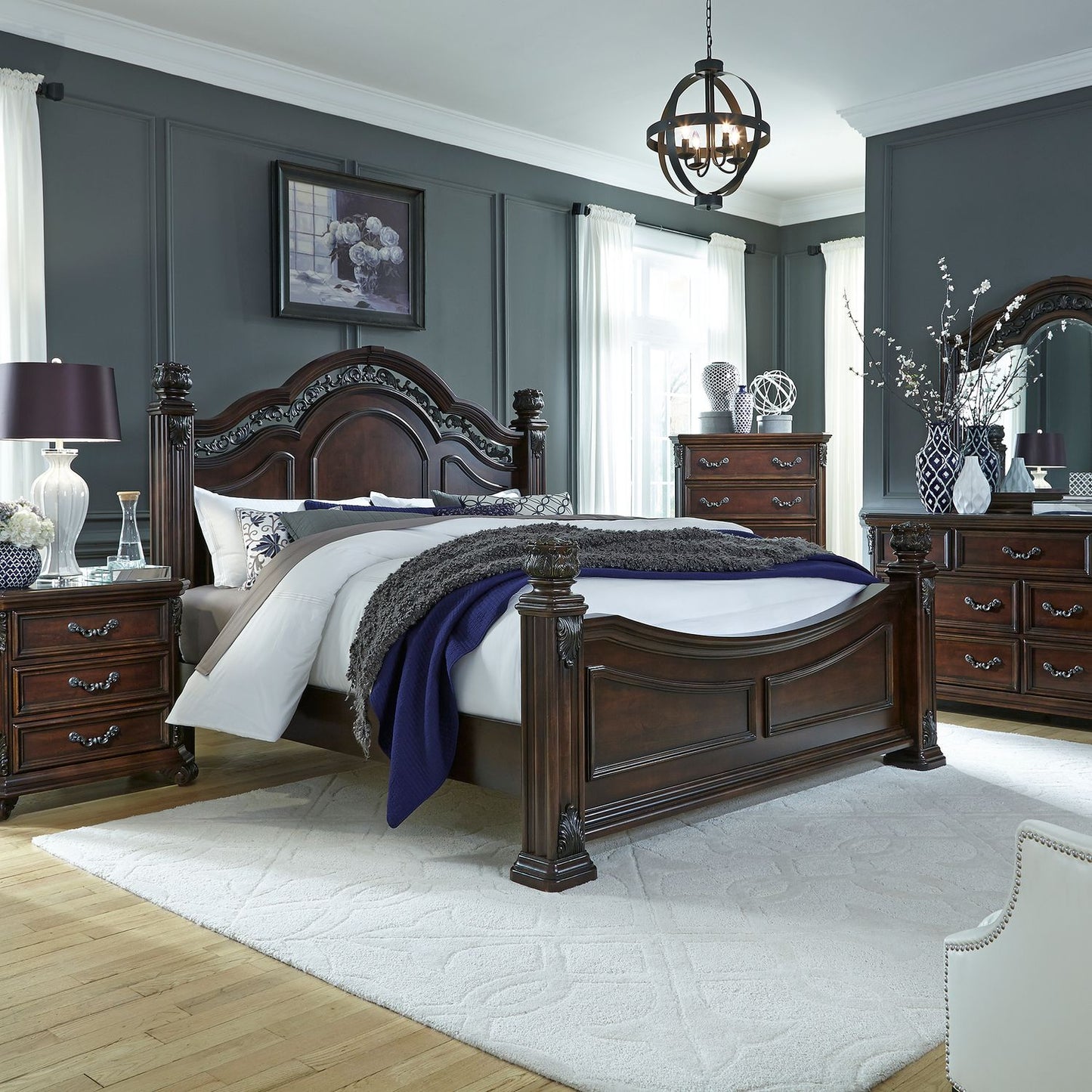 Queen Poster Bed, Dresser & Mirror, Chest, Night Stand