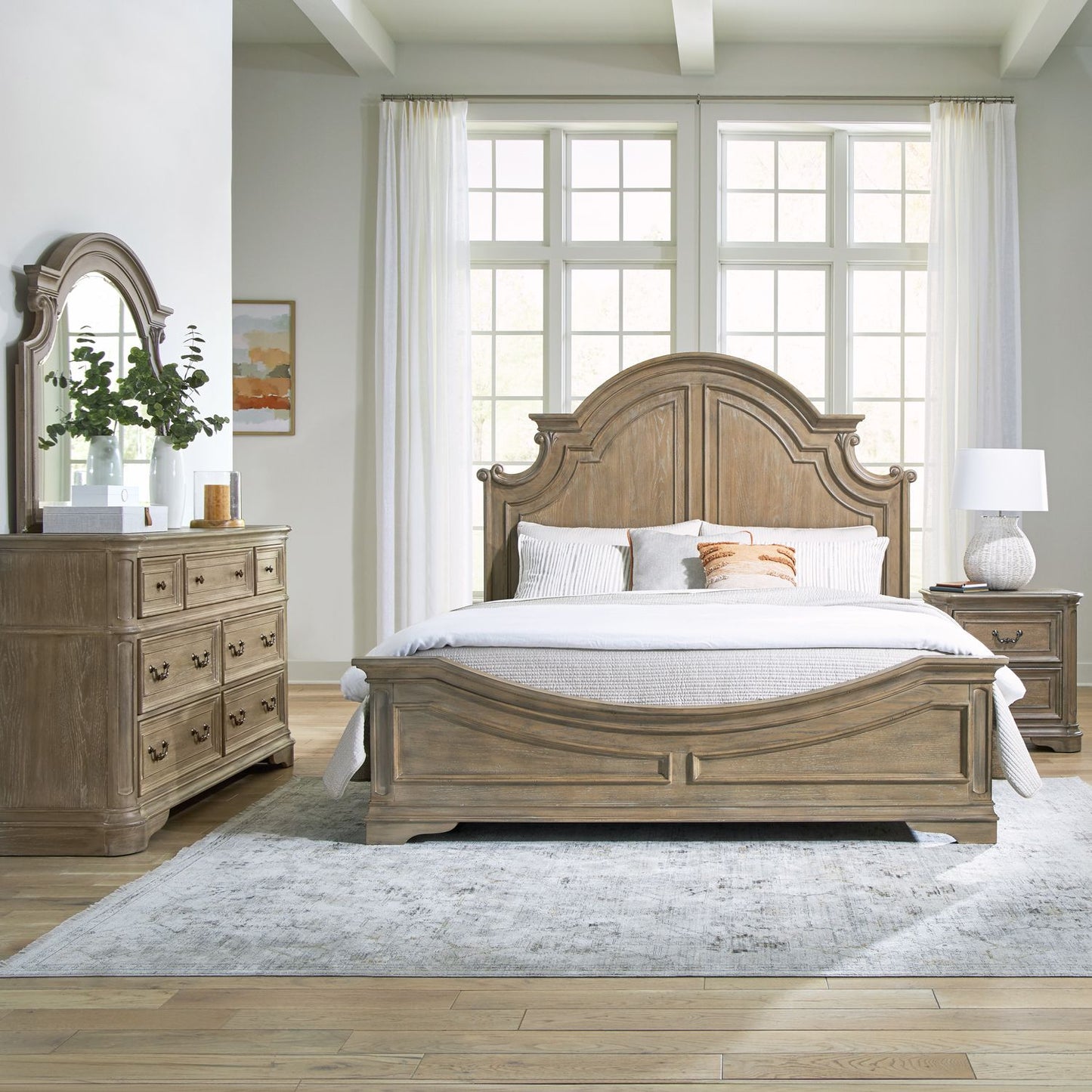 King Panel Bed, Dresser & Mirror, Night Stand