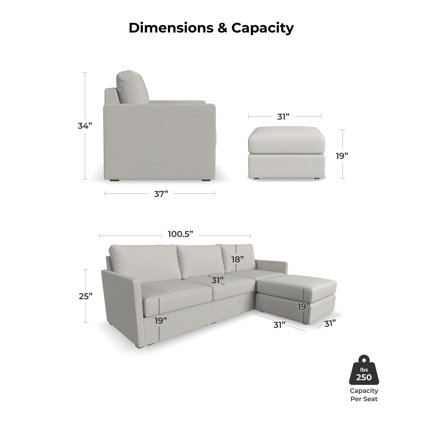 Flex Frost Fabric Sofa with Narrow Arm and Storage Ottoman