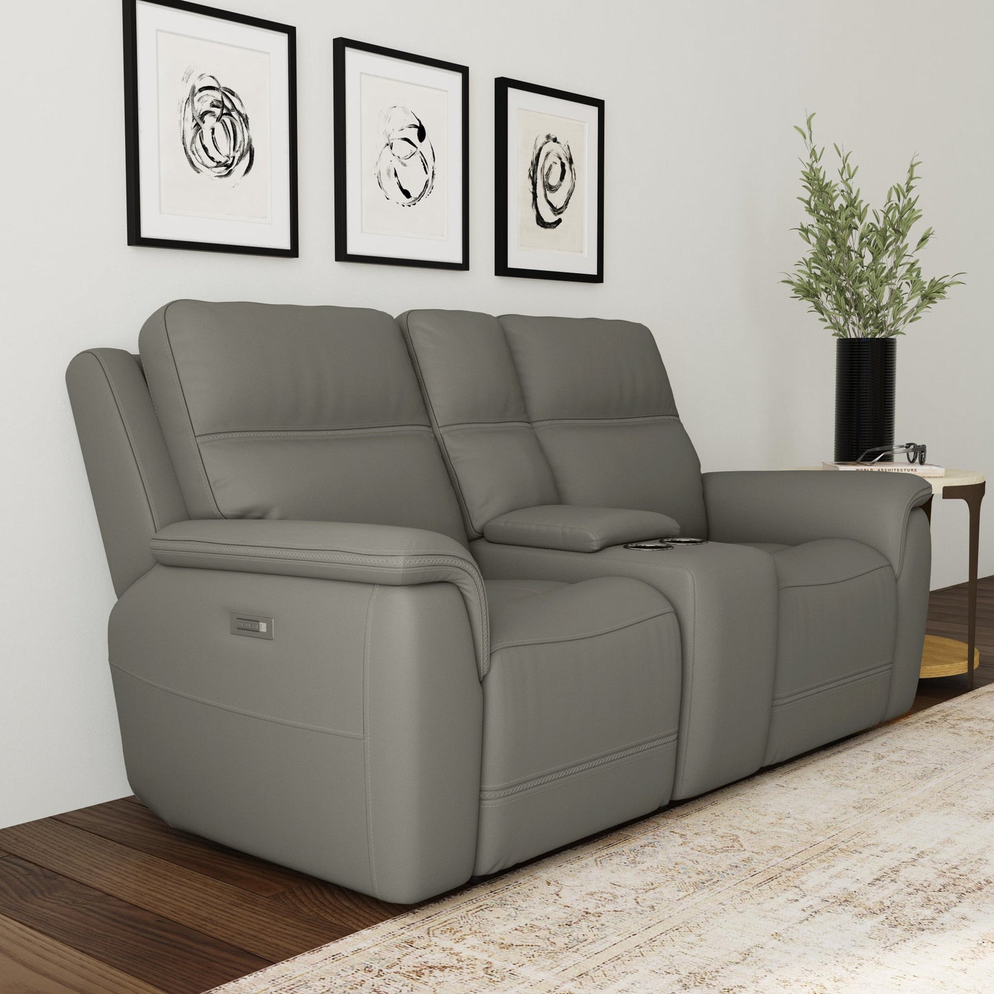 Sawyer Grey Leather Pwr Recl Loveseat w/ Console, Pwr Hdrsts, Lumbar