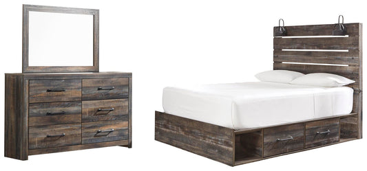 Signature Design by Ashley Drystan Queen Panel Bed with 2 Storage Drawers with Mirrored Dresser - Vaughn Outlet Kankakee IL