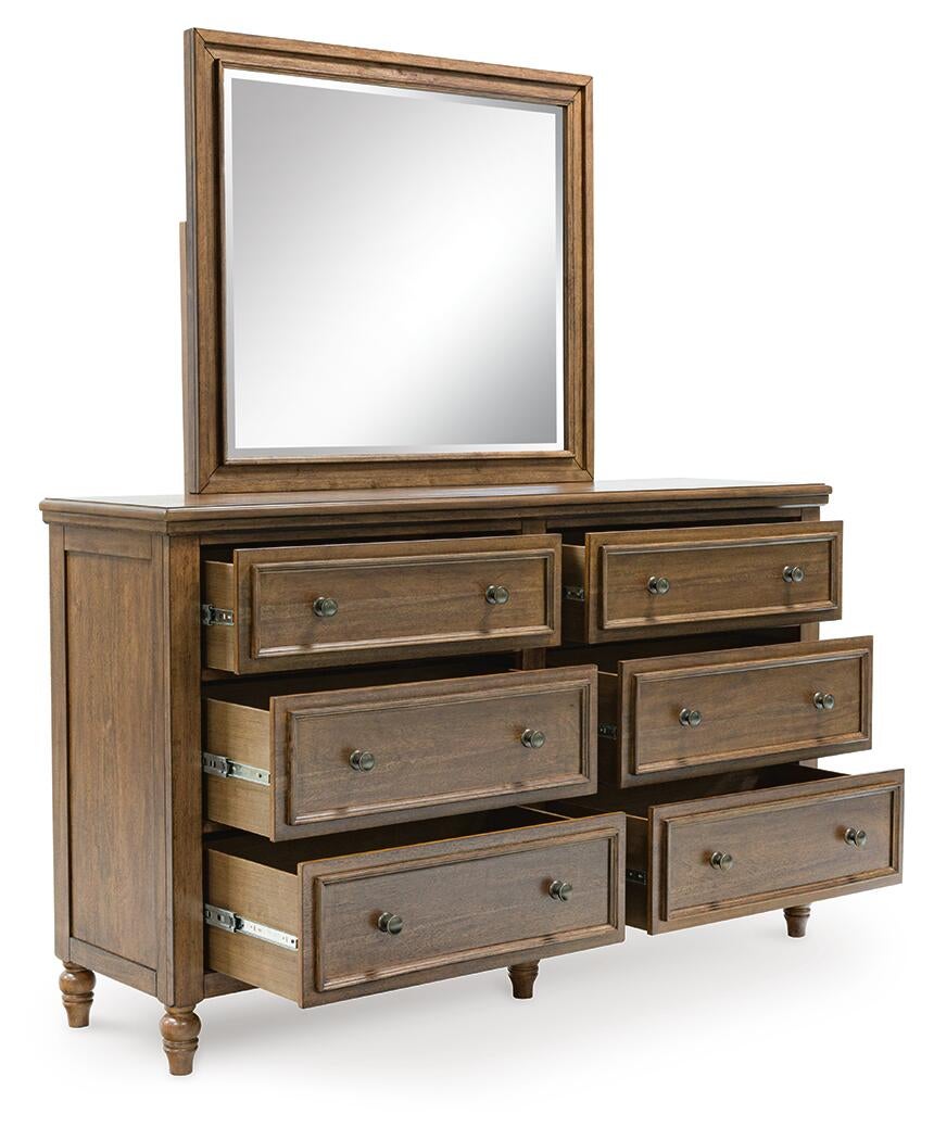 Sturlayne King Upholstered Panel Bed, Dresser, Mirror, Chest and Nightstand
