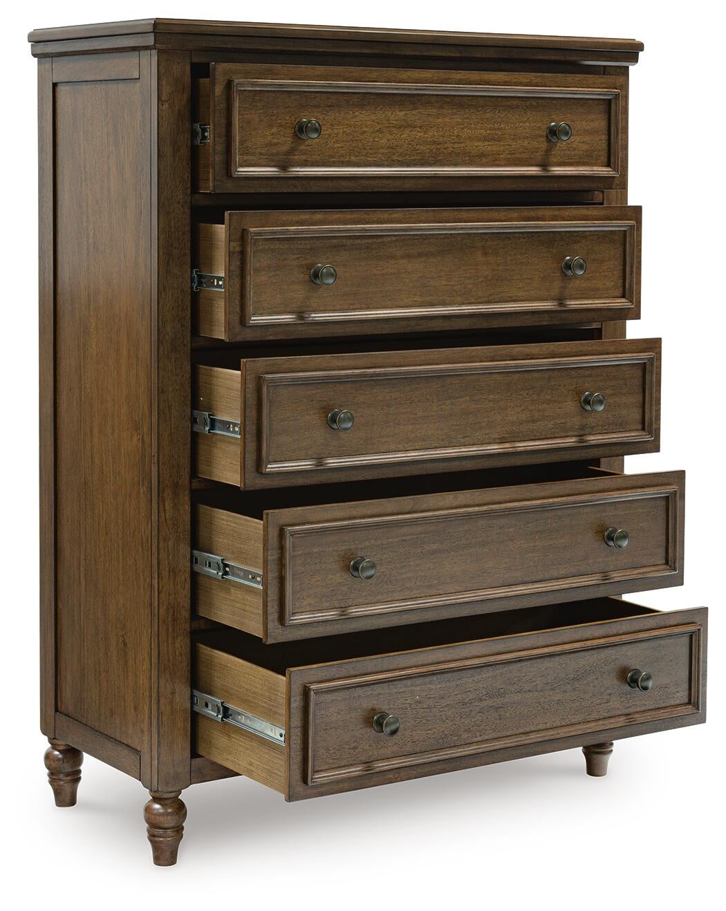 Sturlayne King Upholstered Panel Bed, Dresser, Mirror, Chest and Nightstand