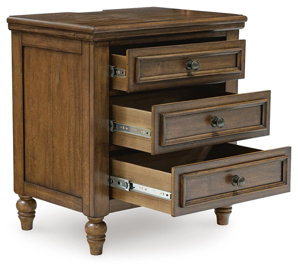 Sturlayne King Upholstered Panel Bed, Dresser, Mirror, Chest and Nightstand