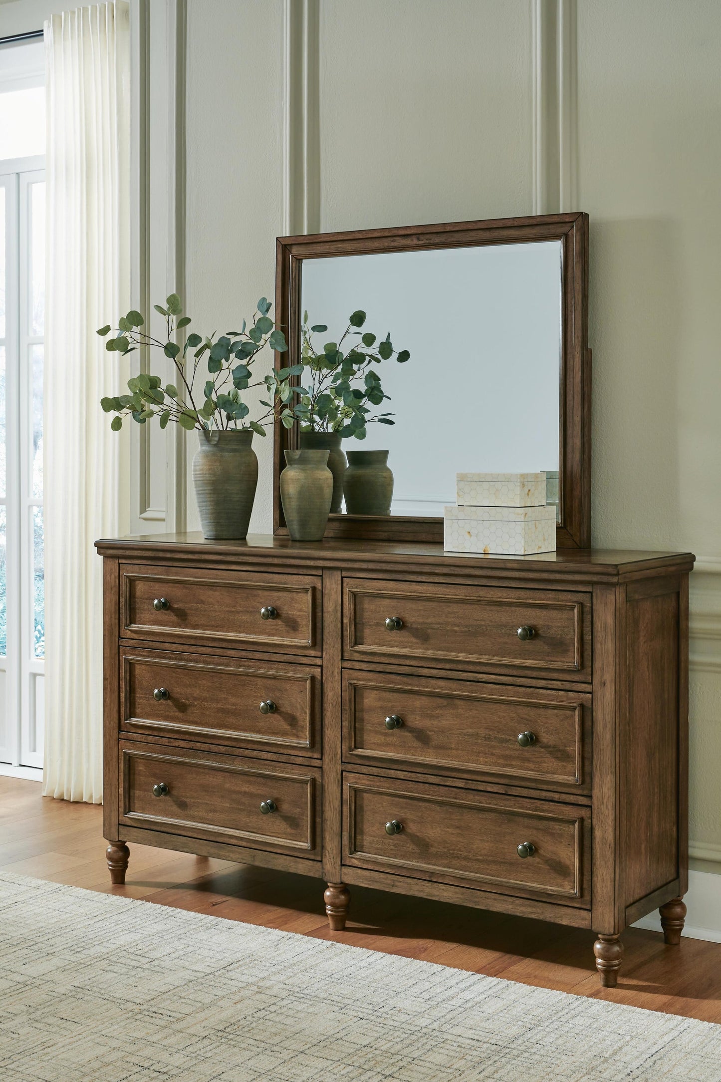 Sturlayne King Upholstered Panel Bed, Dresser, Mirror, Chest and Nightstand