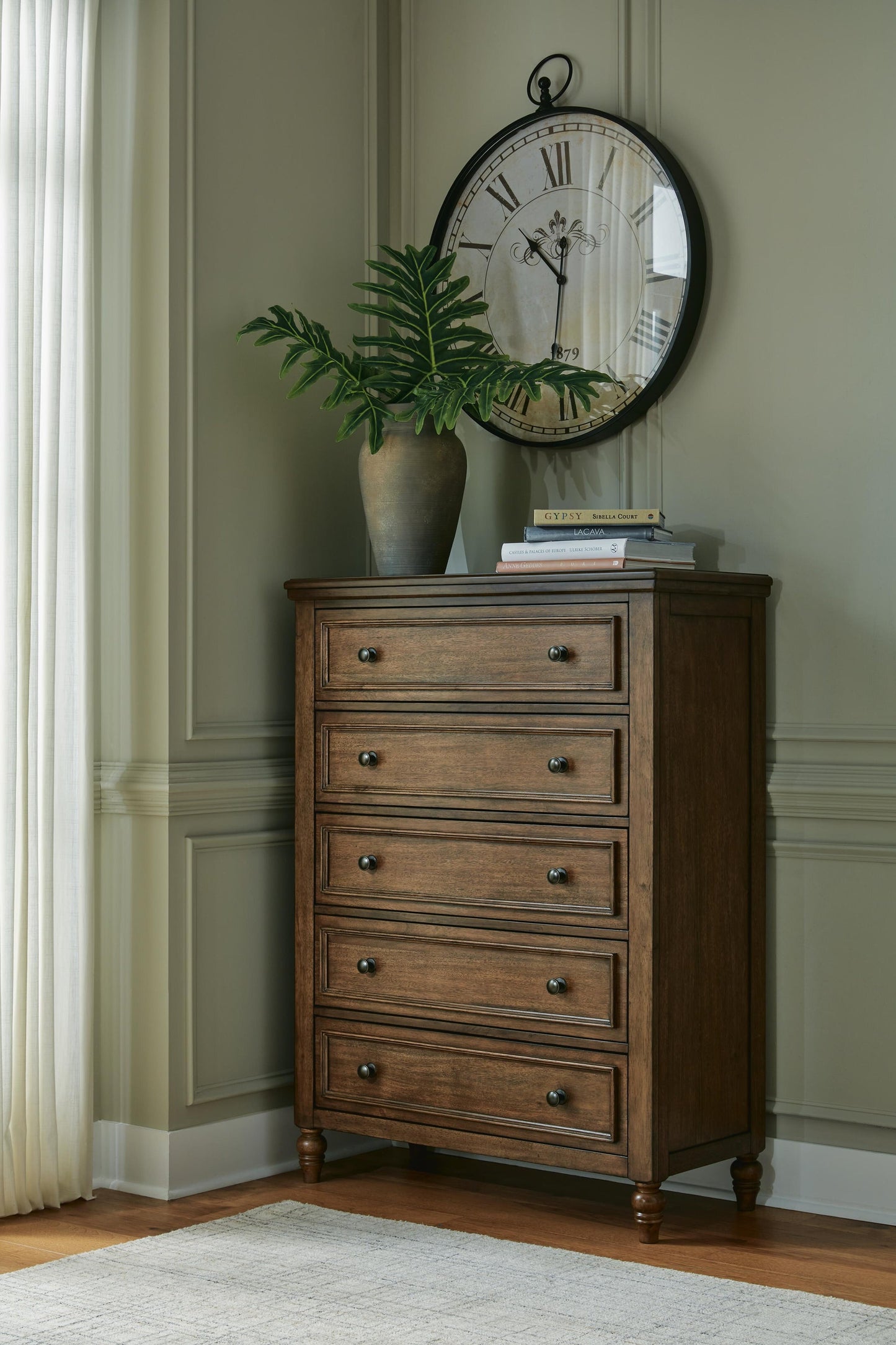 Sturlayne King Upholstered Panel Bed, Dresser, Mirror, Chest and Nightstand