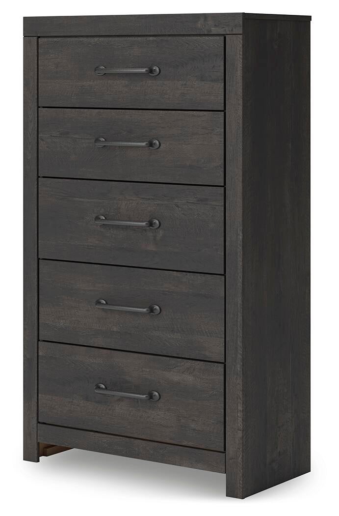 Delmorta King Panel Bed, Dresser, Mirror, Chest and Nightstand