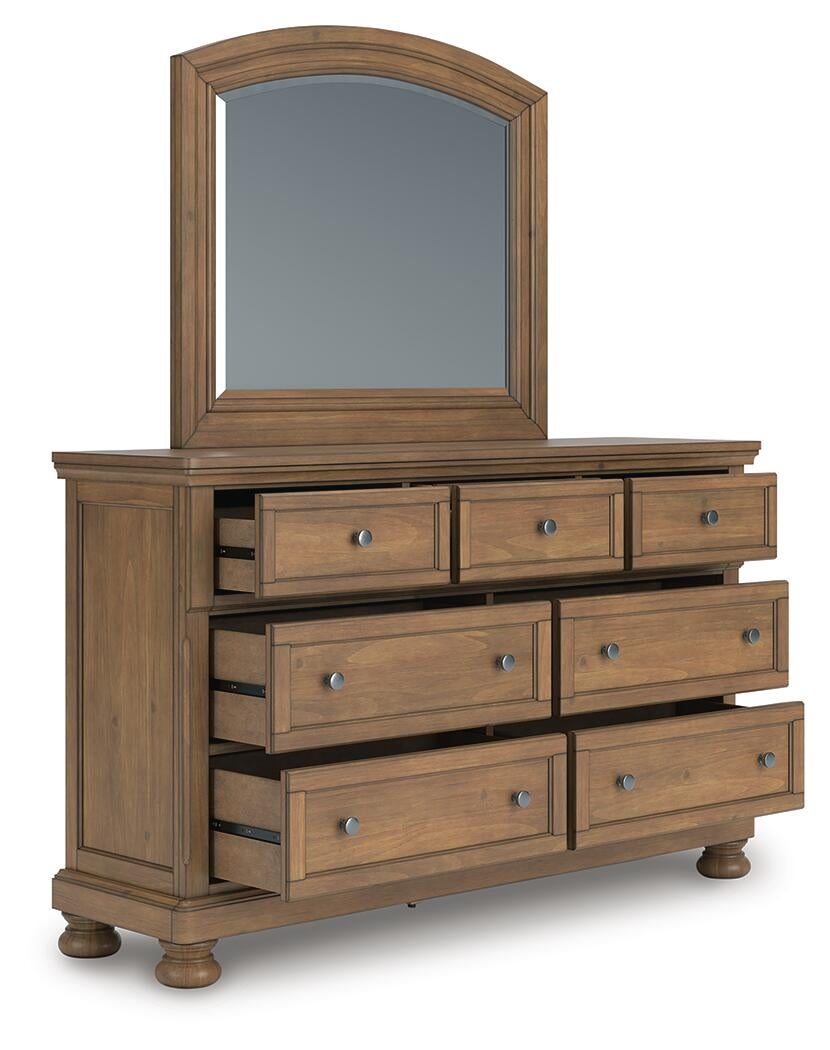 Vandenmore Queen Storage Sleigh Bed with Mirrored Dresser and Nightstand